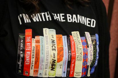 Jennifer Wilson, a Largo High School English teacher, wears a shirt against banning books at the Pinellas County School Board meeting in Largo, Florida, on February 14, 2023.