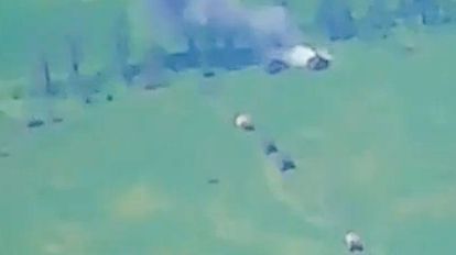Frame from a video released by the Russian Defense Ministry that allegedly shows Ukrainian military vehicles at the frontline being repelled by Russian forces.