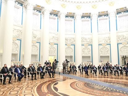Vladimir Putin meets with representatives of big business circles in the Kremlin, Moscow, on February 24, the day the invasion of Ukraine began.