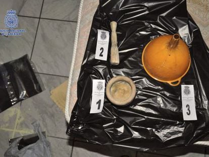 A photo supplied by the police of the explosive materials found in a Madrid hostel.