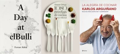 Portadas de los libros 'Un día en elBulli', de Ferrán Adrià, '1080 recetas de cocina', de Simone Ortega y  'La alegría de cocinar', de Karlos Arguiñano.