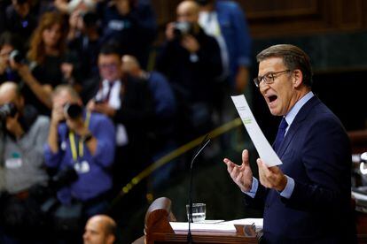 PP leader Alberto Núñez Feijóo speaks during the investiture debate as Spain's Socialists seek to clinch a new term following a deal with the Catalan separatist Junts party.