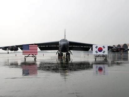 A handout photo made available by South Korea's Defense Ministry shows a B-52H strategic bomber parked at a South Korean Air Force base at Cheongju Airport.