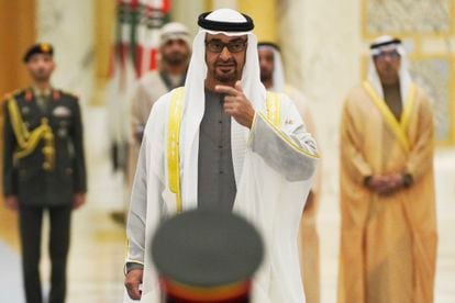 Emirati leader Sheikh Mohammed bin Zayed Al Nahyan gestures toward an honor guard at Qasar Al Watan in Abu Dhabi, United Arab Emirates, on Jan. 15, 2023
