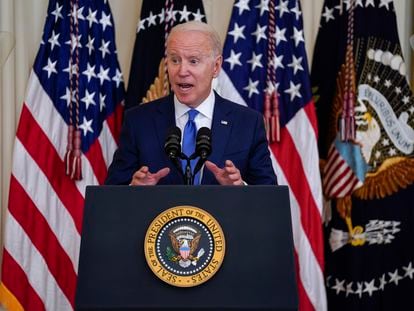 President Joe Biden speaks during an event to commemorate Pride Month, in the East Room of the White House, on June 25, 2021, in Washington.