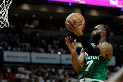 Boston Celtics guard Jaylen Brown (7) shoots against the Miami Heat in the third quarter during game four of the Eastern Conference Finals for the 2023 NBA playoffs at Kaseya Center.