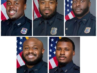 These images provided by the Memphis Police Department shows, from top row from left, Police Officers Tadarrius Bean, Demetrius Haley, Emmitt Martin III, Desmond Mills, Jr. and Justin Smith.