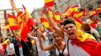 Demonstrators attend a rally in favour of a unified Spain.