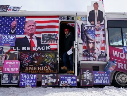 An RV, that is parked outside Team Trump New Hampshire headquarters, is visited by supporters, Saturday, Jan. 20, 2024, in Manchester, NH.