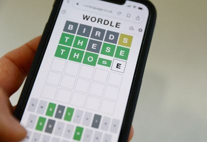 Wordle, the web-based word game is seen played on a cellphone.