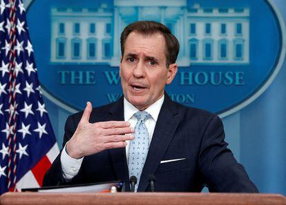 John Kirby, National Security Council coordinator for strategic communications, answers questions during the daily press briefing at the White House in Washington, February 13, 2023.