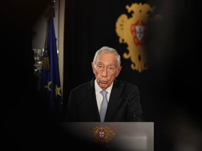 Portuguese President Marcelo Rebelo de Sousa, during a statement to the nation in which he decided to convoke new elections for March 2024, Belem Palace in Lisbon, Portugal, November 09 2023.