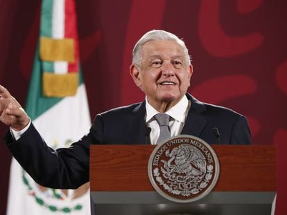 Mexican President Andrés Manuel López Obrador speaks during a press conference at the National Palace on July 18, 2022.