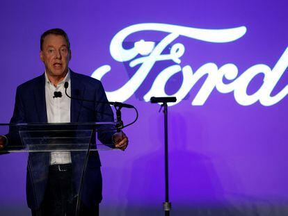 Bill Ford, executive chairman of Ford Motor Company, speaks at their Rouge Visitor Center in Dearborn, Michigan, U.S. October 16, 2023.