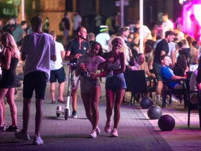 Young people out at night in Magaluf on the Balearic island of Mallorca on July 16.