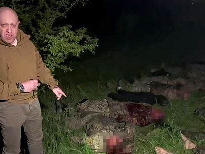 Wagner chief Yevgeny Prigozhin in a frame from a video released Friday that shows corpses of his soldiers on the Ukrainian frontline.