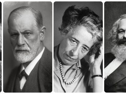 From left, Albert Einstein, Sigmund Freud, Hannah Arendt and Karl Marx.