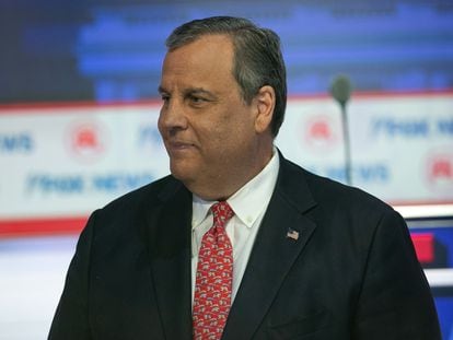 Republican candidate for president former New Jersey Governor Chris Christie stands on stage before the start of the Republican presidential debate at the Fiserv Forum in Milwaukee, Wisconsin, USA, 23 August 2023.