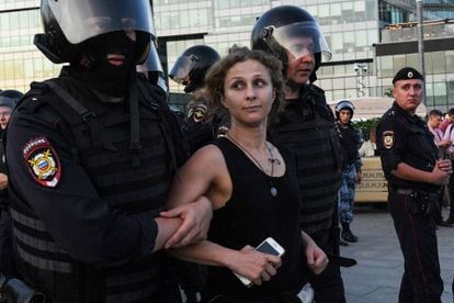 Alyokhina held by police on July 27, 2019, at a rally demanding that independent and opposition candidates be allowed to run for office.