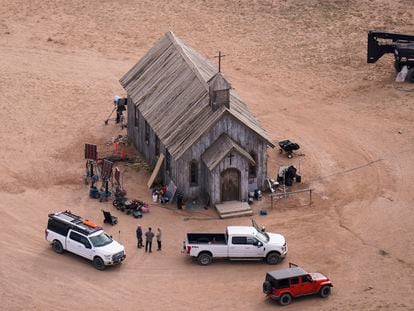 This aerial photo shows the movie set of "Rust" at Bonanza Creek Ranch in Santa Fe, New Mexico, on October 23, 2021.