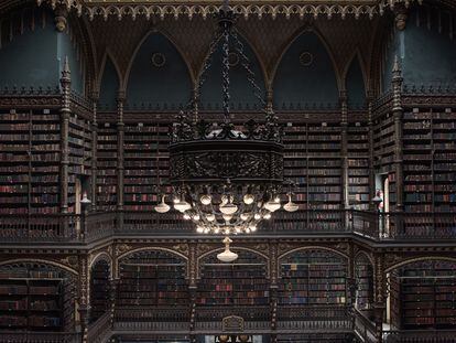 The main hall of the Real Gabinete Português de Leitura, a library in the city of Rio de Janeiro, Brazil.