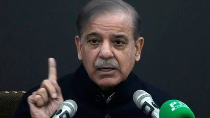 Pakistan's former Prime Minister Shehbaz Sharif speaks during a press conference regarding parliamentary elections, in Lahore, Pakistan, Tuesday, Feb. 13, 2024.