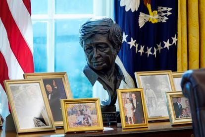 The bust of Cesar Chavez in the Oval Office. 
