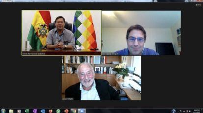Screenshot of a meeting between Luis Arce, President of Bolivia, Joseph Stiglitz, Nobel laureate in Economics, and Diego Von Vacano, professor from Texas A&M, on 13 April 2021.