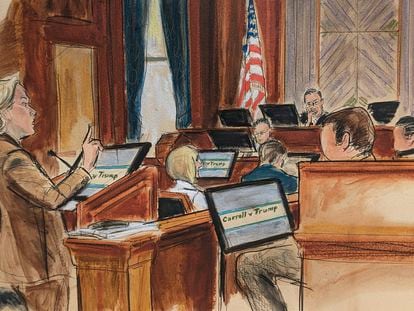 In this courtroom sketch, Roberta Kaplan, attorney for E. Jean Carroll, presents her closing arguments to the jury in Manhattan federal court, Monday, May 8, 2023, in New York.
