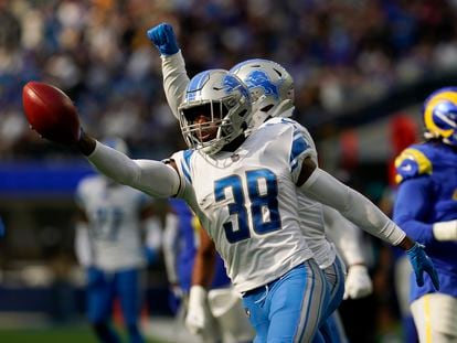 Detroit Lions defensive back C.J. Moore (38), on special teams, reacts after running out of bounds on a fake punt during the second half of an NFL football game against the Los Angeles Rams Sunday, Oct. 24, 2021