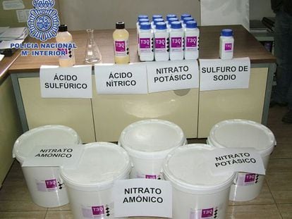 A police photo of the chemicals found at the 21-year-old&#039;s home.