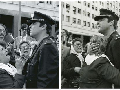 On the left is a photo taken by Jorge Sánchez, which shows Police Commissioner Carlos Enrique Gallone blocking the path of the Mothers of the Plaza de Mayo, during a protest in Buenos Aires on October 5, 1982. On the right is a photo taken by Marcelo Ranea, which was subsequently misrepresented and distributed by Argentina’s military dictatorship