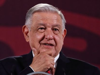 Andrés Manuel López Obrador speaks during his morning conference at the National Palace.