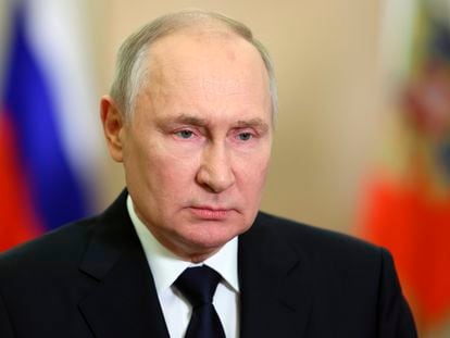 Russian President Vladimir Putin speaks during a video celebrating the anniversary of the referendum called illegal by the U.N. in four Ukrainian regions one year ago,  in Moscow, Russia, Saturday, Sept. 30, 2023.