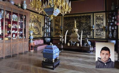 Asian artwork in the Palace of Fontainebleau and a police photo of suspect Juan María Gordillo Plaza.