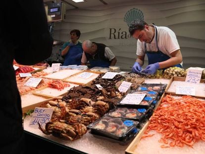 A fish shop in a market in Madrid.