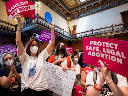 Protesters gather inside the South Carolina House as members debate a new near-total ban on abortion, in Columbia, South Carolina, on August 30, 2022.
