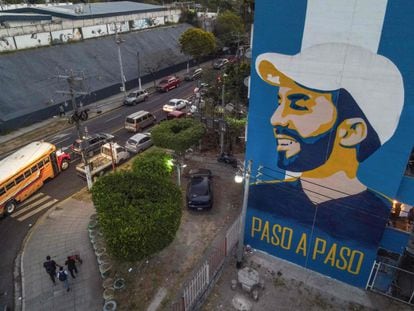 Aerial view of a mural in the Zacamil apartment complex depicting President Nayib Bukele in the Salvadoran town of Mejicanos, Friday, January 26, 2024.