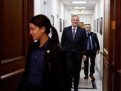 Speaker of the House Kevin McCarthy (R-CA) arrives for a news conference after the House passed The Fiscal Responsibility Act of 2023 in the Rayburn Room at the U.S. Capitol on May 31, 2023 in Washington, DC.