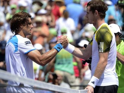Andy Murray greets David Ferrer after their men&#039;s final match at the Sony Open tennis tournament in Miami.