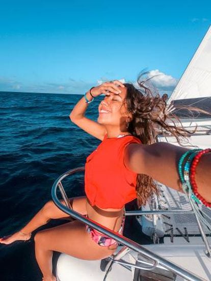Mariel Galan sailing on the Guadeloupe sea after fulfilling her dream of visiting Marie-Galante Island.
