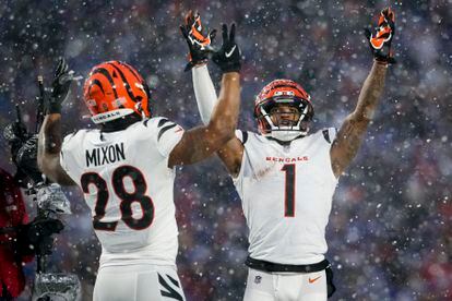 Cincinnati Bengals wide receiver Ja'Marr Chase (1) and Cincinnati Bengals running back Joe Mixon (28) motion for a touchdown against the Buffalo Bills during the third quarter of an NFL division round football game, Sunday, Jan. 22, 2023, in Orchard Park, N.Y.