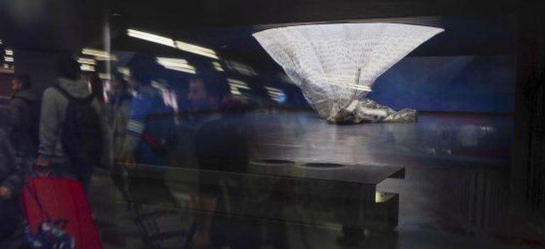 The memorial, with the lining crumpled on the floor, on Monday.