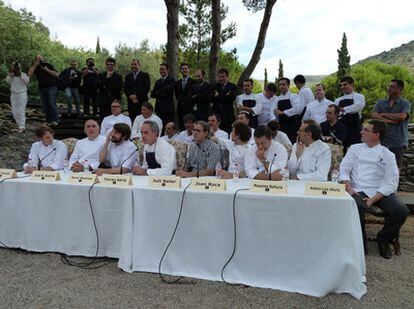 Chef Ferran Adrià, with his team at elBulli, talk to the press ahead of the restaurant's closure.