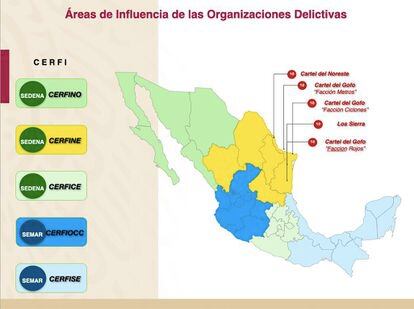 A leaked map depicting the areas of operation of various drug cartels, stolen from Mexico’s intelligence-gathering centers.
