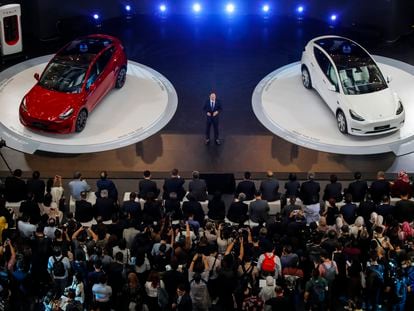 Tesla Model Y electric cars are unveiled during the company's official launch event in Kuala Lumpur, Malaysia, 20 July 2023.