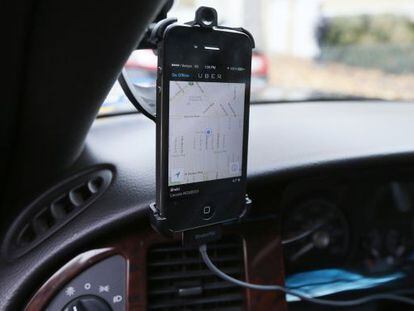 A cellphone running the Uber car-sharing app.