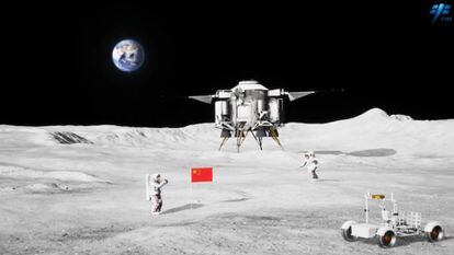 A re-creation of two Chinese 'taikonauts' exploring the moon.