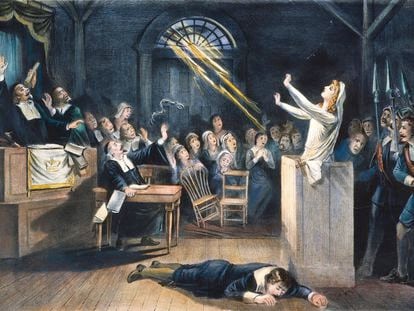 A witch trial at Salem, Massachusetts, in 1692: lithograph, 19th century.