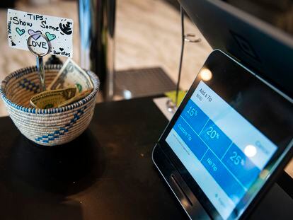 A payment device at a coffee shop in the Union Market district in Washington, USA.